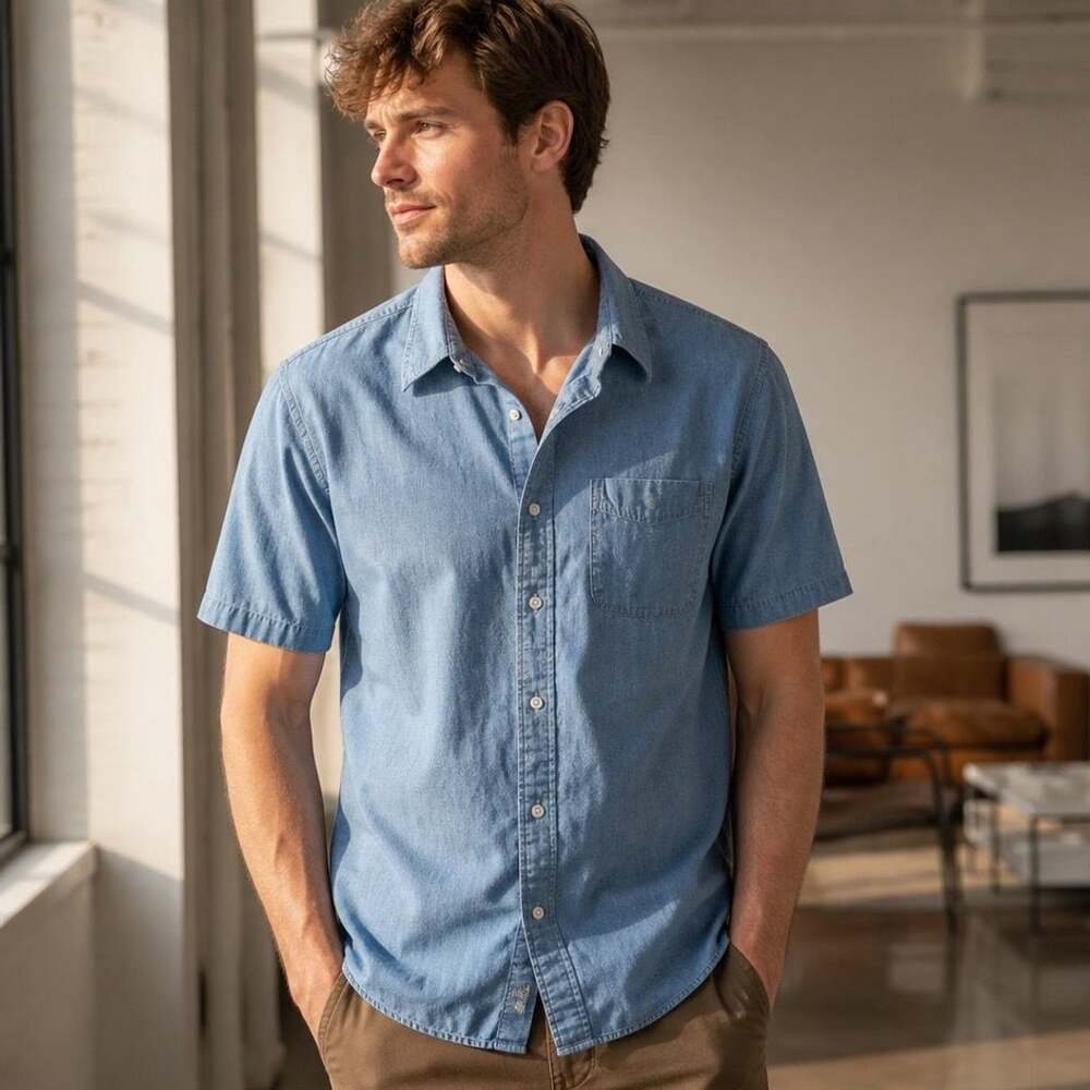 L.L. Bean Men's Blue Chambray Short Sleeve Button Down Shirt XXL-REG